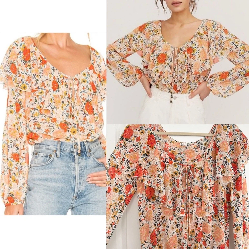 Free People Intimately Free Say It To Me Orange and Cream Bodysuit-Floral Blouse